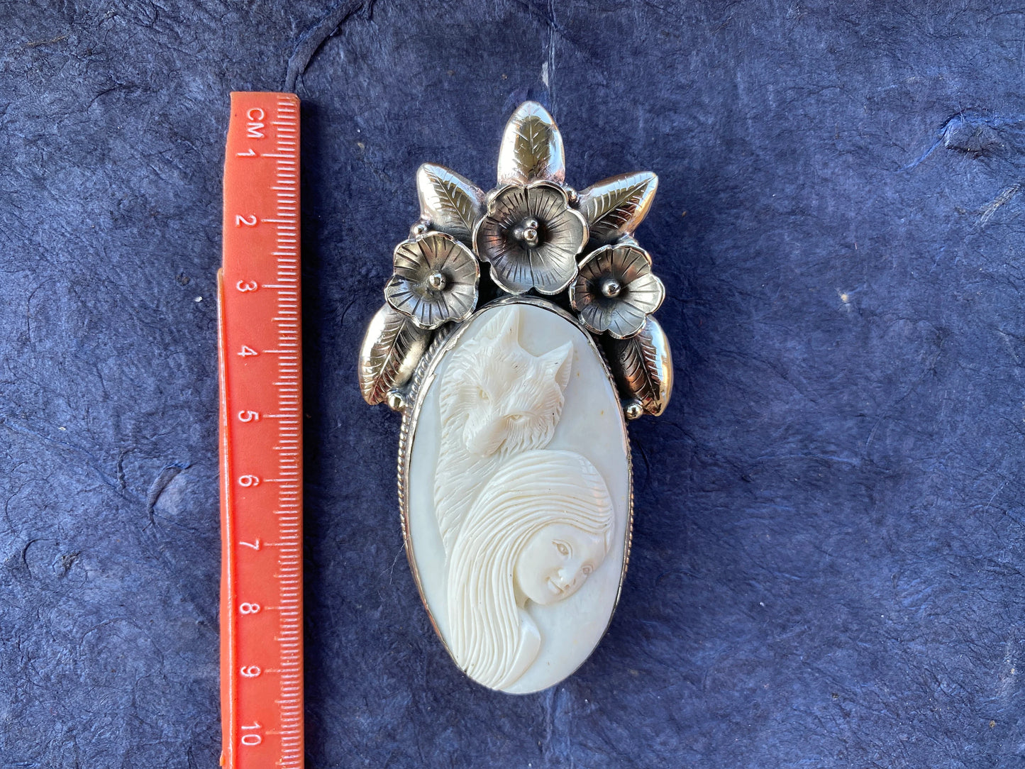 Large Bear with Lady Face Pendant, Hand Carved Buffalo Bone Tibetan Silver Pendant, Women's Jewelry, Tribal Jewelry, Ethnic Boho Jewelry,