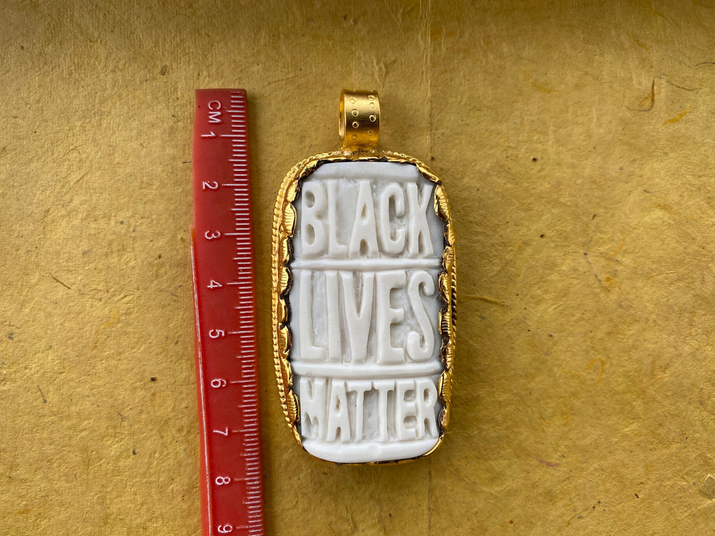 Large Black Lives Matter Carved Buffalo Bone Pendant, 18K Brushed Gold Overlay Non Tarnish, Men & Women Jewelry, Support for Black Movement