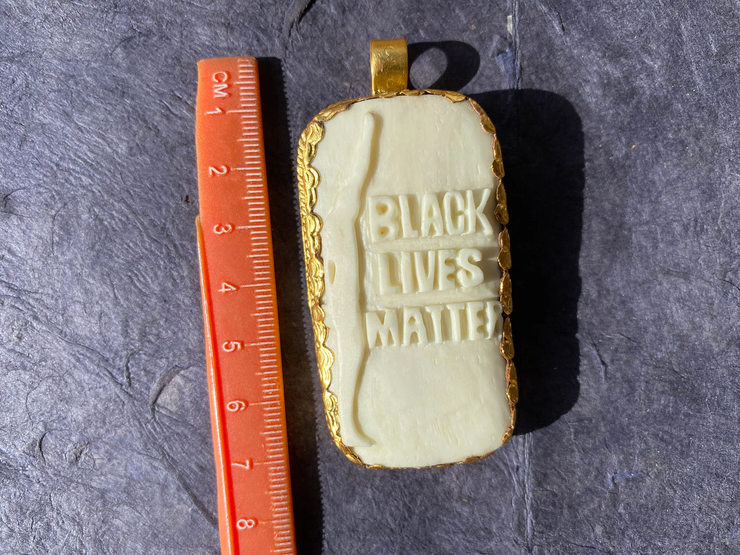 Large Black Lives Matter Carved Buffalo Bone Pendant, 18K Brushed Gold Overlay Non Tarnish, Men & Women Jewelry, Support for Black Movement