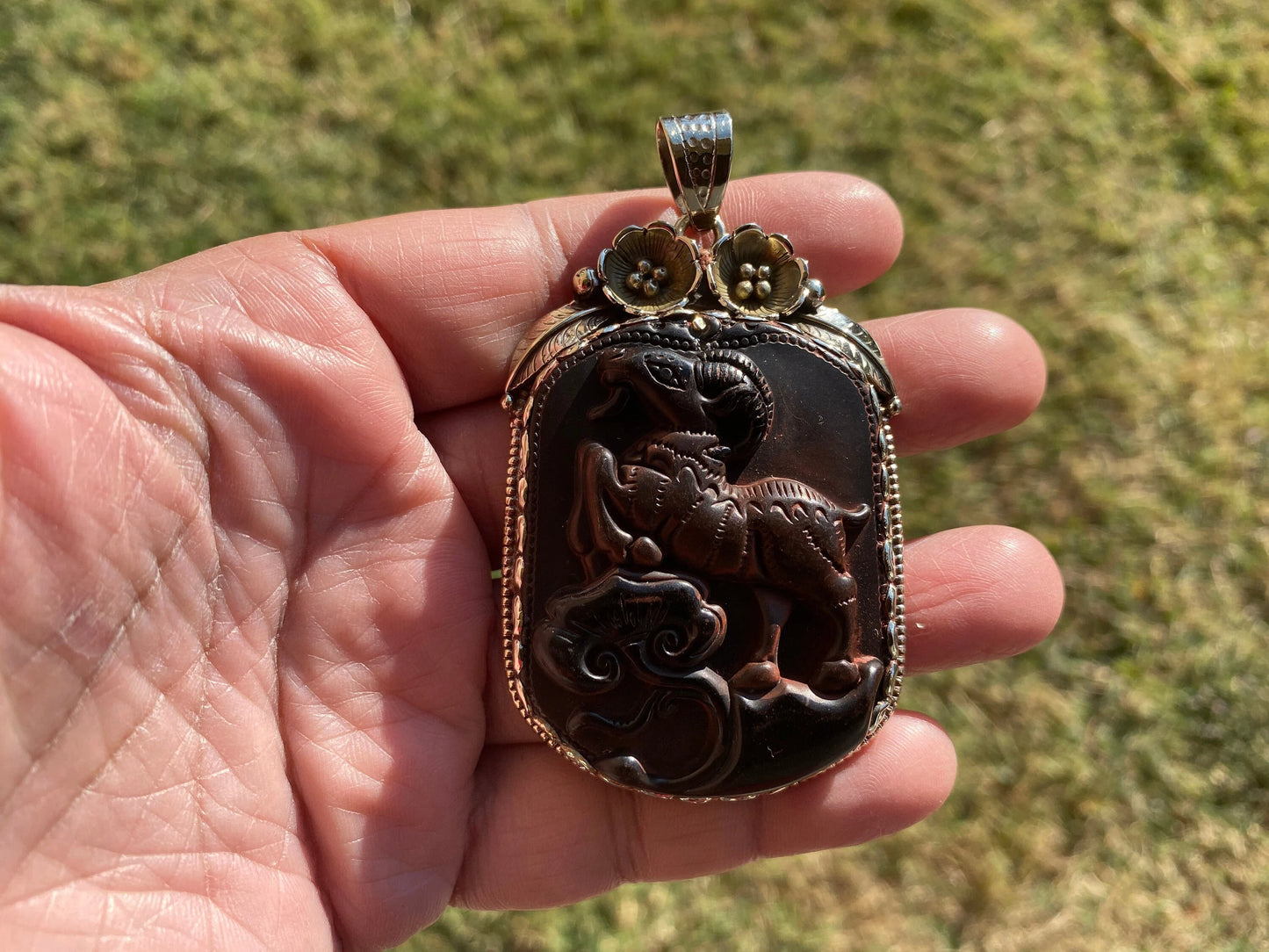 Large Black Obsidian Aries Zodiac Tibetan Silver Pendant, Unisex Zodiac Jewelry, Astrology Pendant, Aries Horoscope Pendant for Necklace