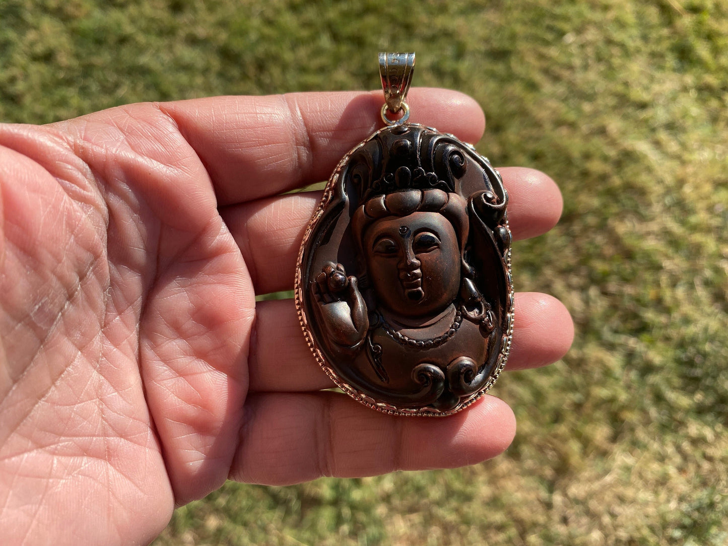 Large Black Obsidian Buddha Head Tibetan Silver Pendant, Buddhist Jewelry, Yoga Pendant for Necklace, Spiritual Jewelry, Bodhisattva Amulet