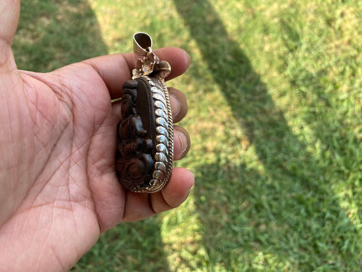 Large Black Obsidian Buddha Tibetan Silver Pendant, Protection Pendant, Yoga Pendant, Unisex necklace, Bodhisattva Amulet Talisman