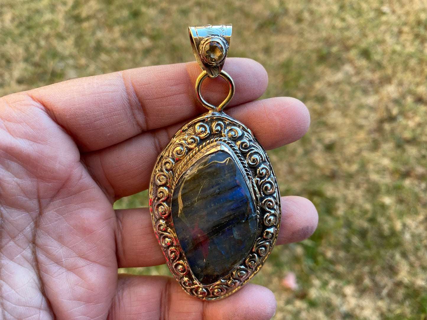 Large Blue Flash Labradorite Tibetan Silver Pendant, Labradorite Jewelry for Women or Men, Gemstone Jewelry, Healing Crystal, Bohemian