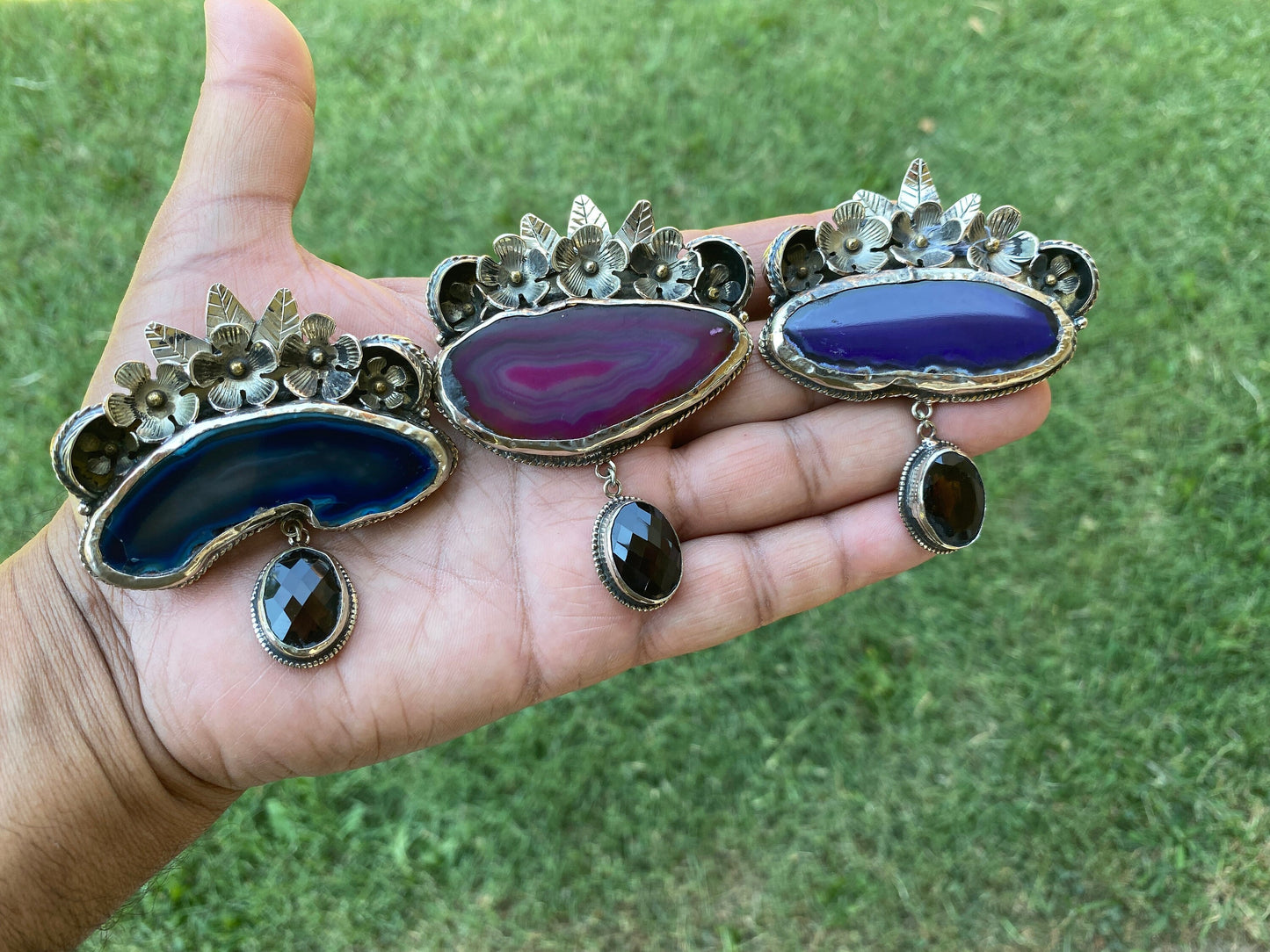Large Blue or Pink Slice Agate With Smoky Quartz Gemstone Tibetan Silver Pendant, Flower Design Pendant For Necklace, Ethnic Jewelry
