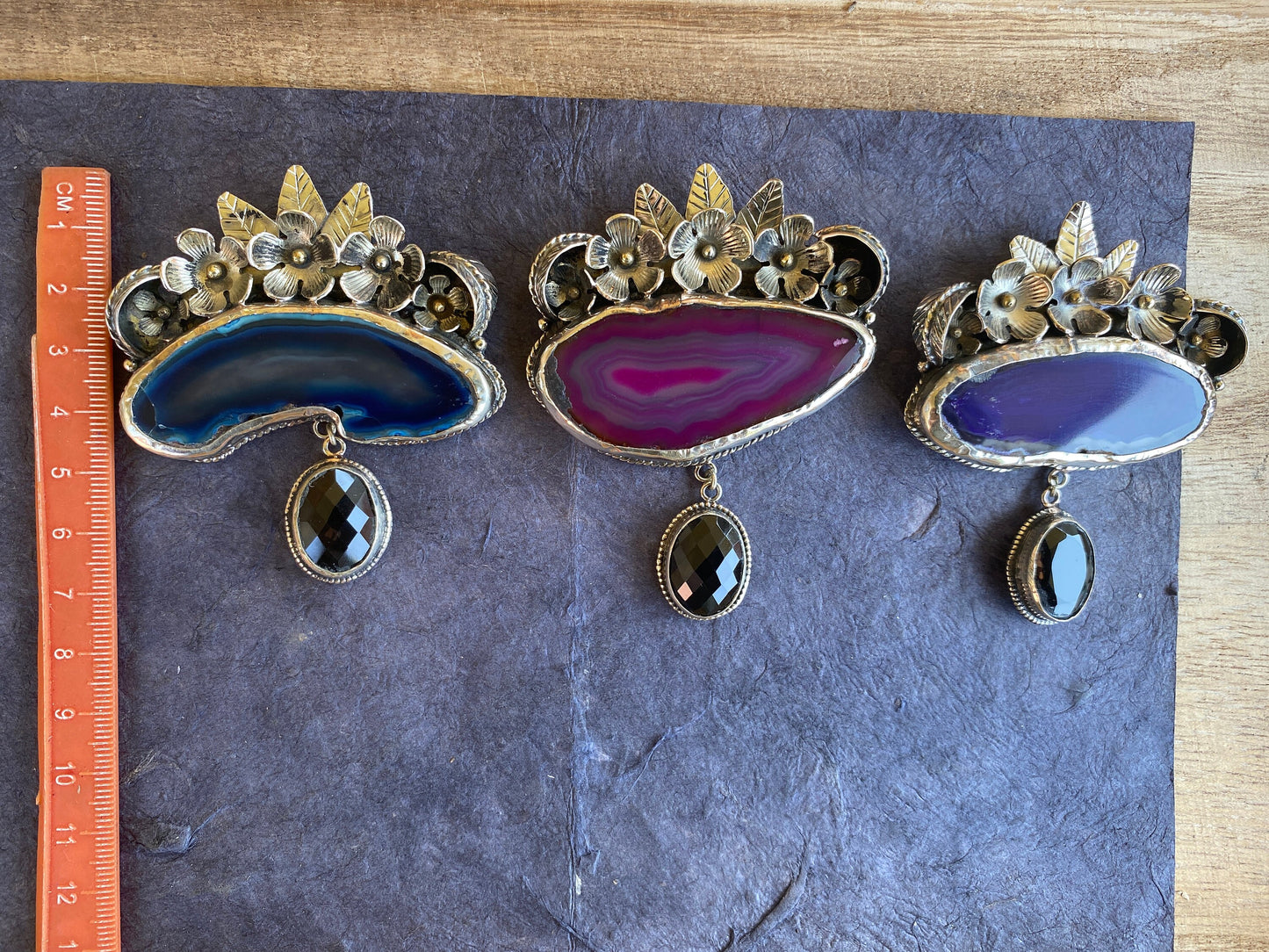 Large Blue or Pink Slice Agate With Smoky Quartz Gemstone Tibetan Silver Pendant, Flower Design Pendant For Necklace, Ethnic Jewelry