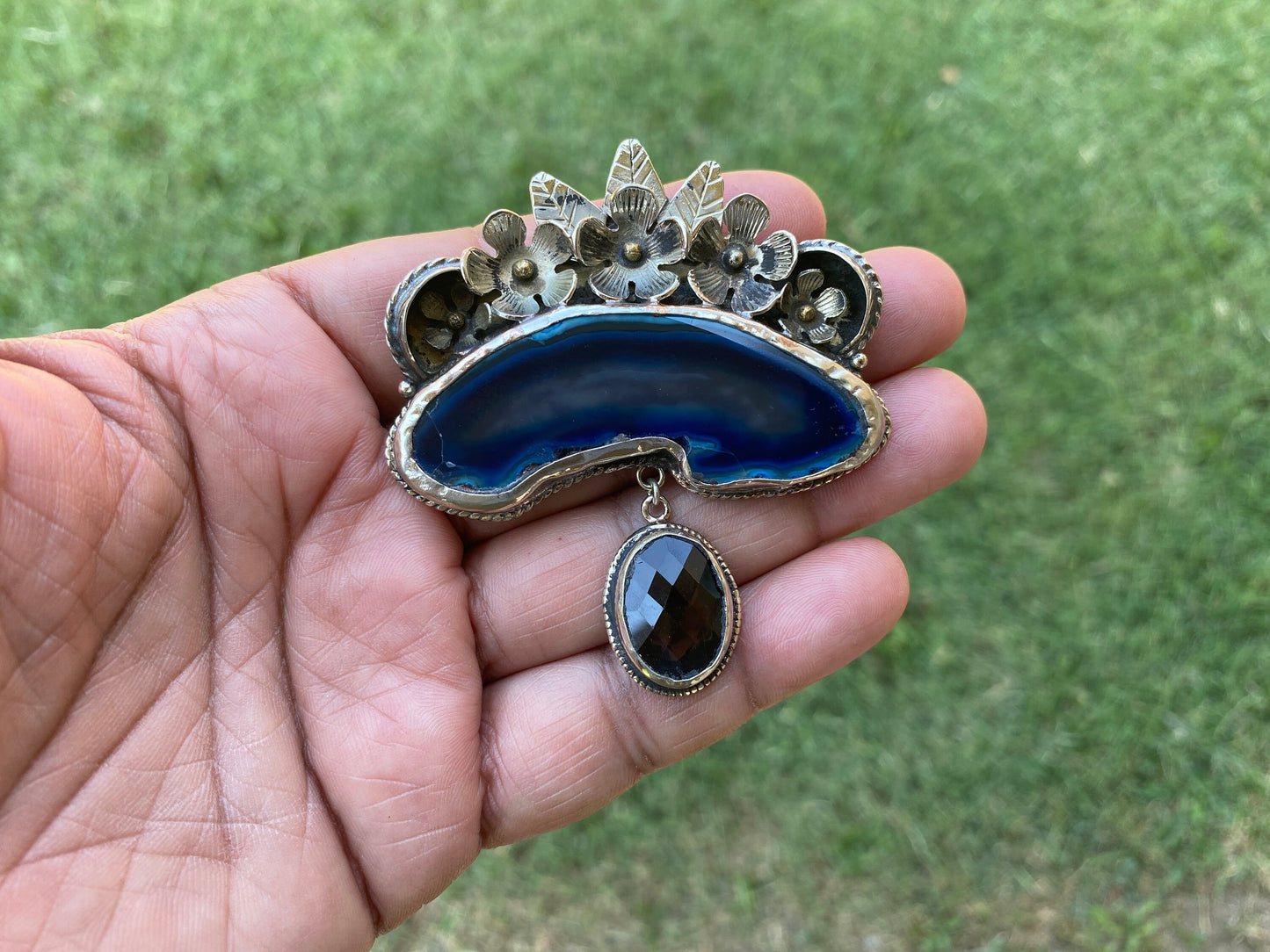 Large Blue or Pink Slice Agate With Smoky Quartz Gemstone Tibetan Silver Pendant, Flower Design Pendant For Necklace, Ethnic Jewelry