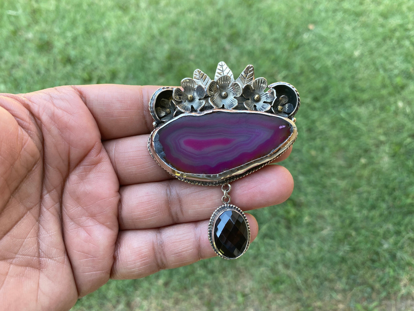 Large Blue or Pink Slice Agate With Smoky Quartz Gemstone Tibetan Silver Pendant, Flower Design Pendant For Necklace, Ethnic Jewelry