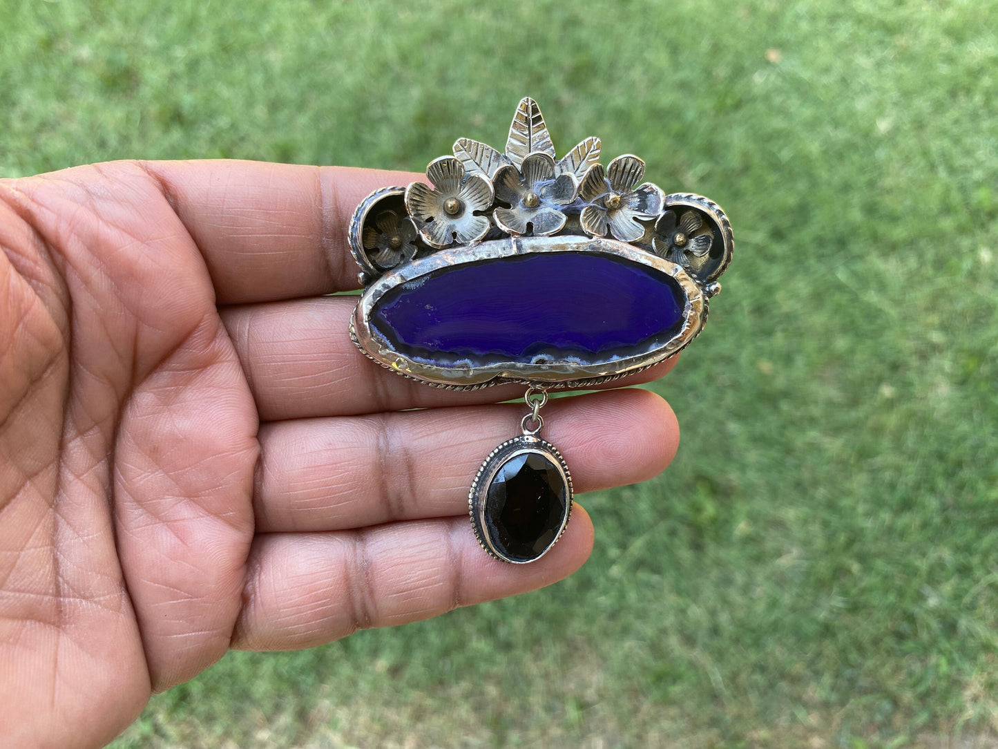 Large Blue or Pink Slice Agate With Smoky Quartz Gemstone Tibetan Silver Pendant, Flower Design Pendant For Necklace, Ethnic Jewelry