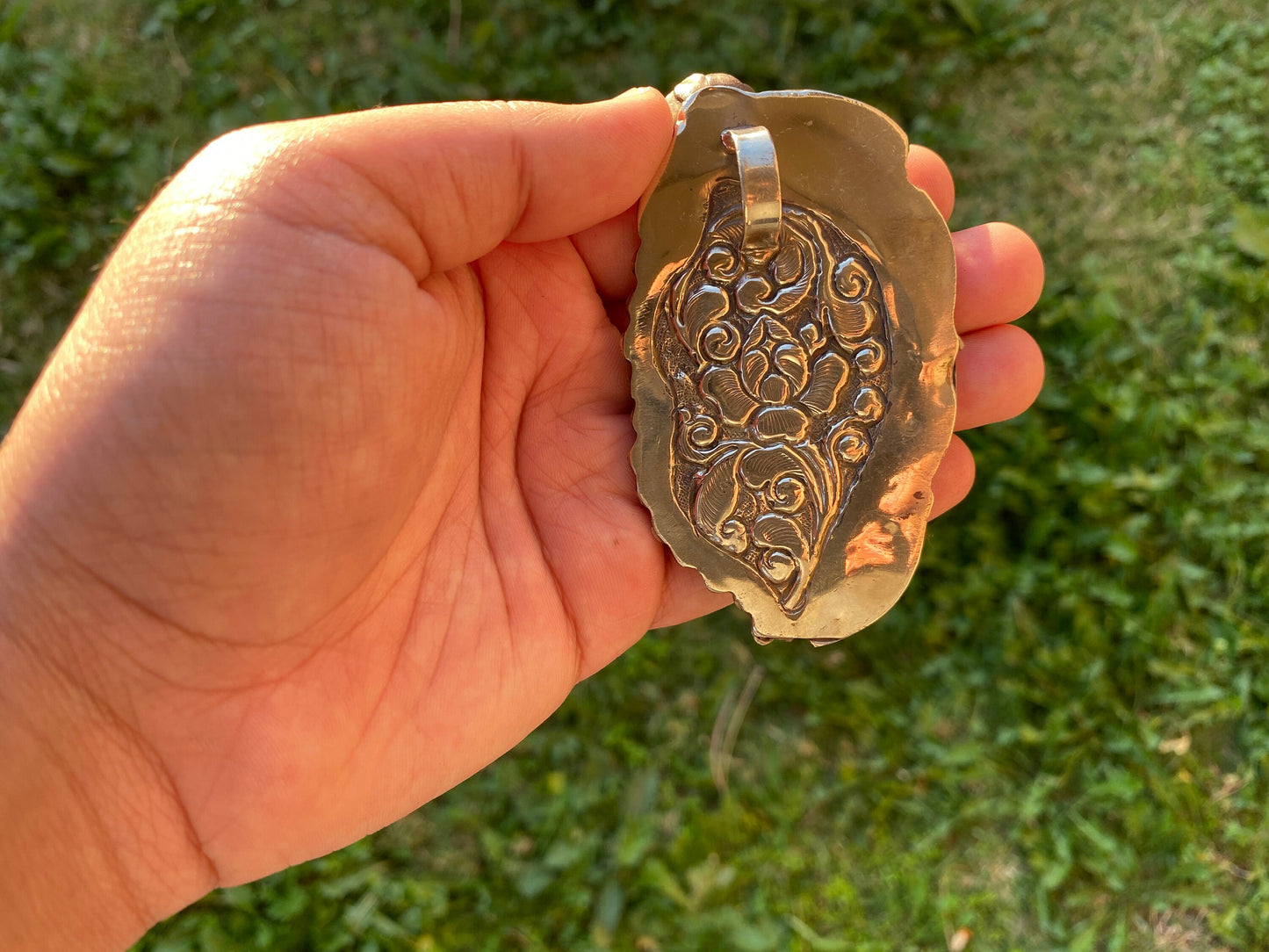 Large Bone Carved Conch Shell Tibetan Silver Pendant, Antique Bone Conch Shell Design Pendant, Buddhist Jewelry, Flower Designs Jewelry