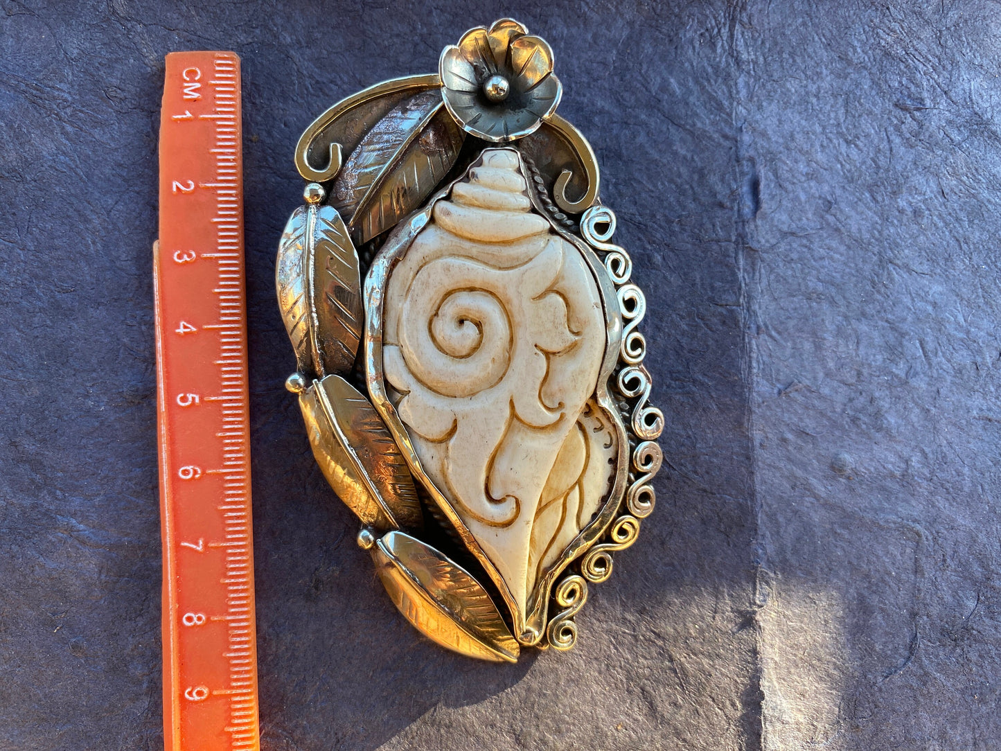 Large Bone Carved Conch Shell Tibetan Silver Pendant, Antique Bone Conch Shell Design Pendant, Buddhist Jewelry, Flower Designs Jewelry