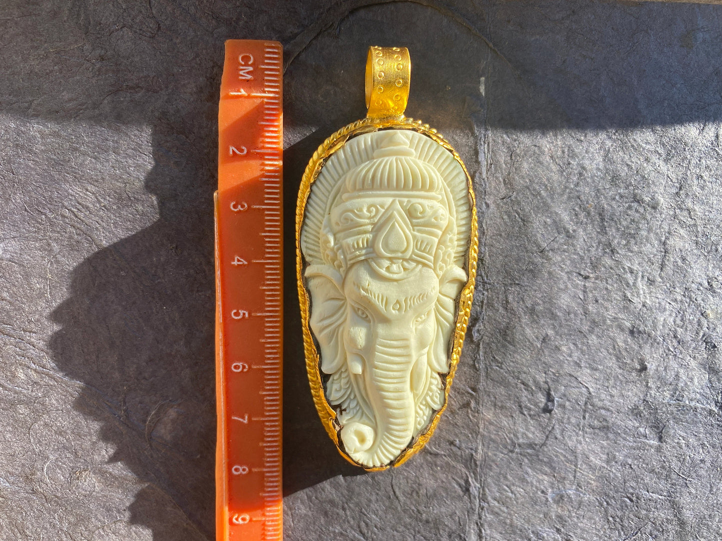 Large Bone Carved Ganesh Buffalo Pendant, 18K Brushed Gold Overlay Non Tarnish, Ethnic Jewelry, Spiritual Pendant for Men or Women,
