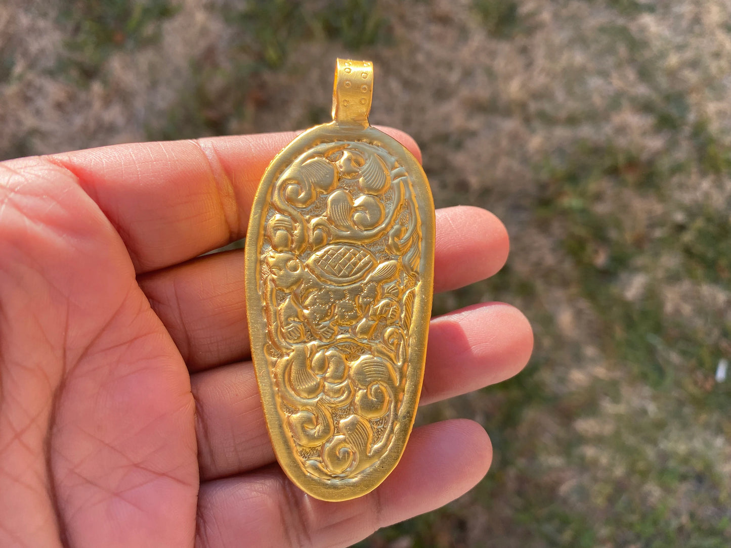 Large Bone Carved Ganesh Buffalo Pendant, 18K Brushed Gold Overlay Non Tarnish, Ethnic Jewelry, Spiritual Pendant for Men or Women,