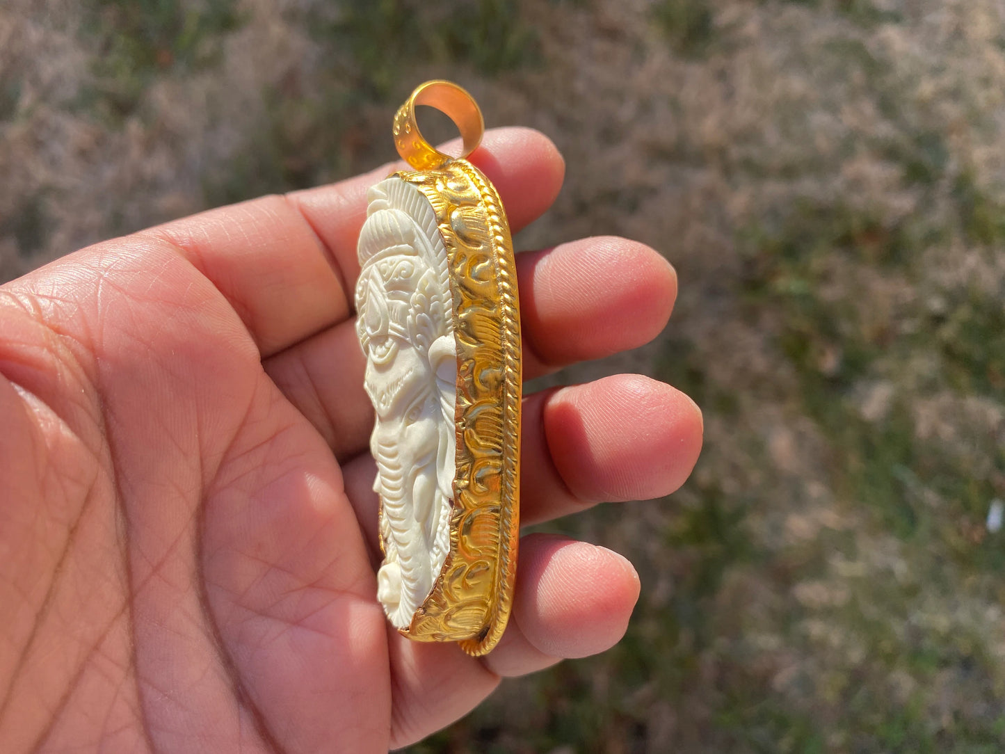 Large Bone Carved Ganesh Buffalo Pendant, 18K Brushed Gold Overlay Non Tarnish, Ethnic Jewelry, Spiritual Pendant for Men or Women,