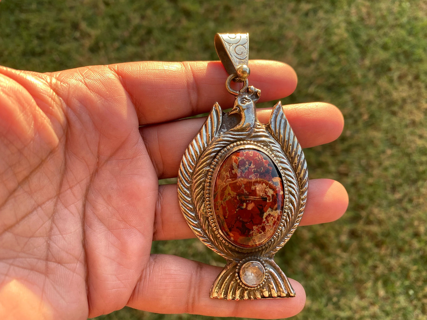 Large Brecciated Jasper or Amethyst with Citrine Gemstone Tibetan Silver Pendant, Jewelry from Nepal, Energy Pendant, Women Ethnic Jewelry