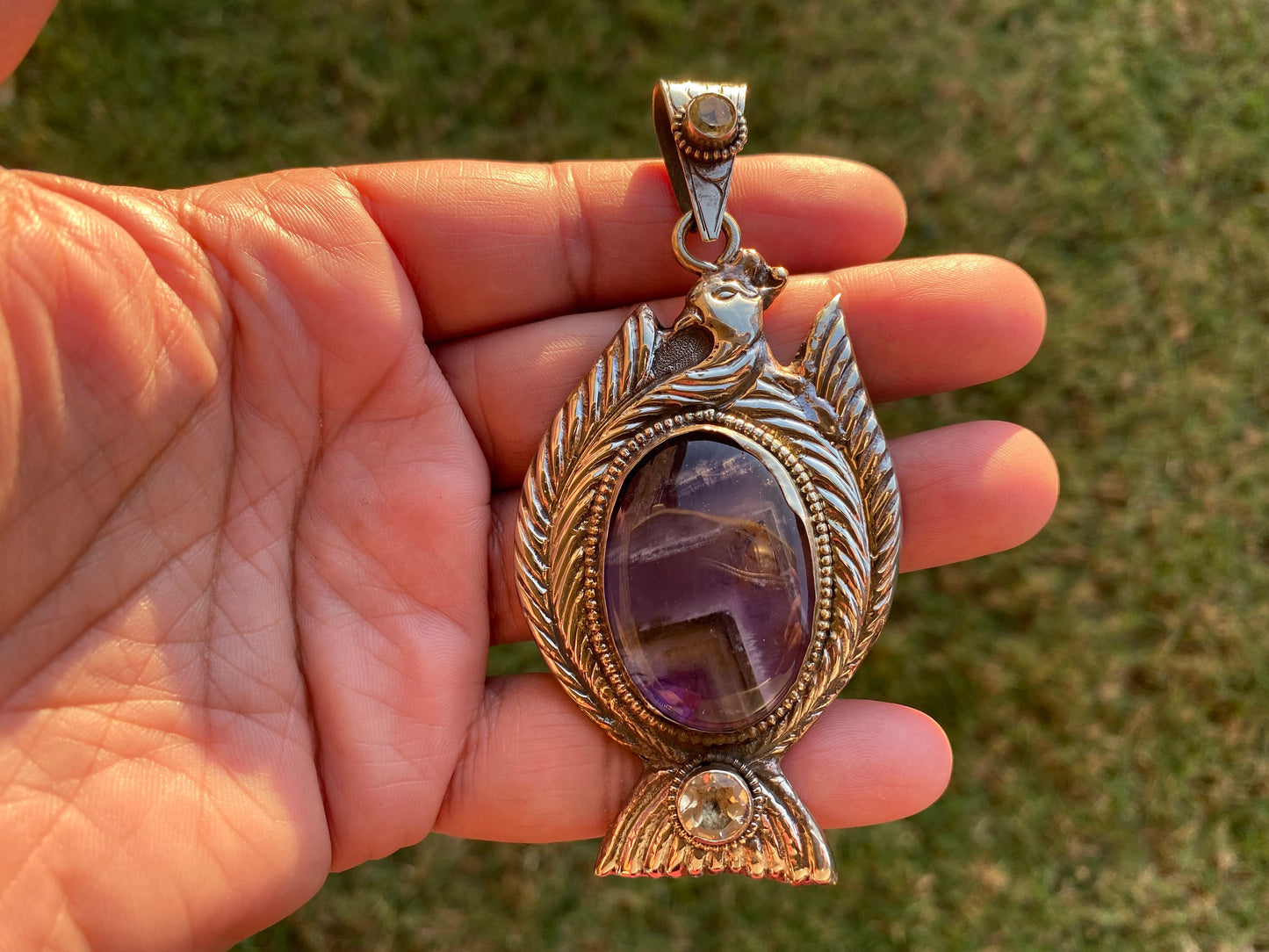 Large Brecciated Jasper or Amethyst with Citrine Gemstone Tibetan Silver Pendant, Jewelry from Nepal, Energy Pendant, Women Ethnic Jewelry