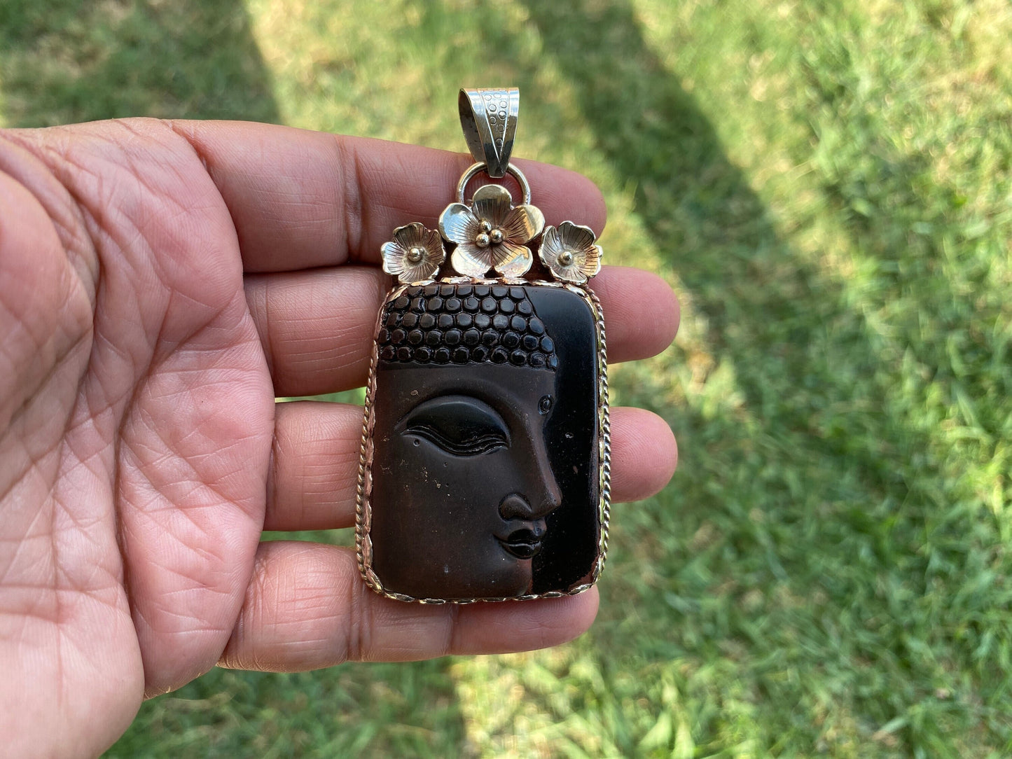Large Buddha Face Black Obsidian Tibetan Silver Pendant, Buddhist Jewelry, Yoga Pendant for Necklace, Spiritual Jewelry, Bodhisattva Amulet