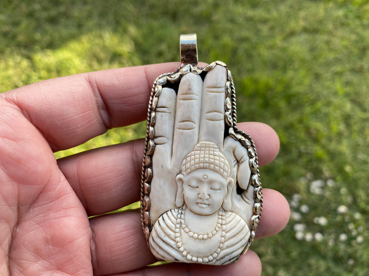 Large Buddha Hand Tibetan Silver Pendant, Hand Carved Buffalo Bone Jewelry, Buddha Blessing Mudra Hand, Meditation Buddha, Yoga Jewelry