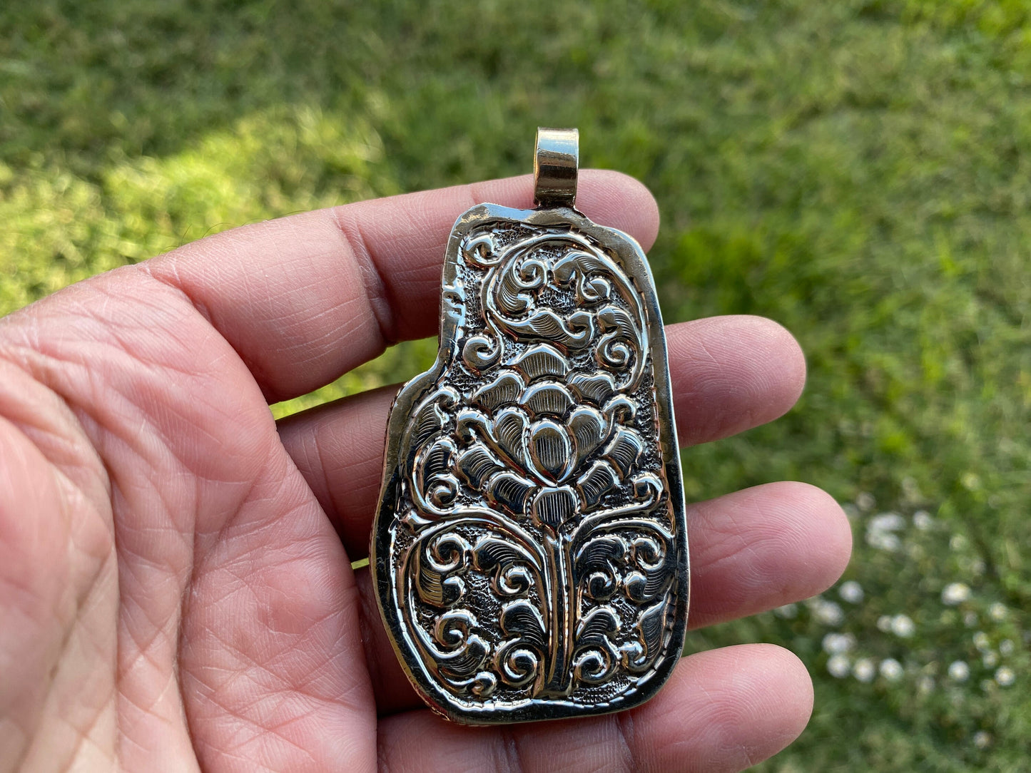 Large Buddha Hand Tibetan Silver Pendant, Hand Carved Buffalo Bone Jewelry, Buddha Blessing Mudra Hand, Meditation Buddha, Yoga Jewelry