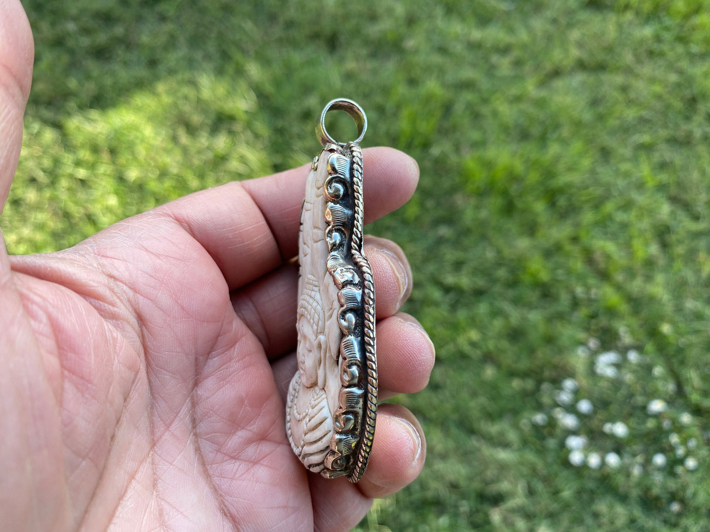 Large Buddha Hand Tibetan Silver Pendant, Hand Carved Buffalo Bone Jewelry, Buddha Blessing Mudra Hand, Meditation Buddha, Yoga Jewelry