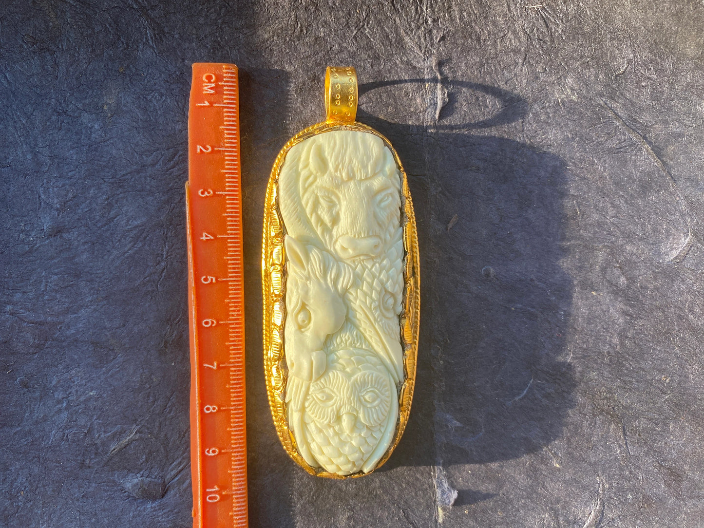 Large Buffalo With Horse & Owl Pendant, 18K Brushed Gold Overlay Non Tarnish Pendant, Buffalo Bone, Jewelry for Men or Women, Animal Jewelry