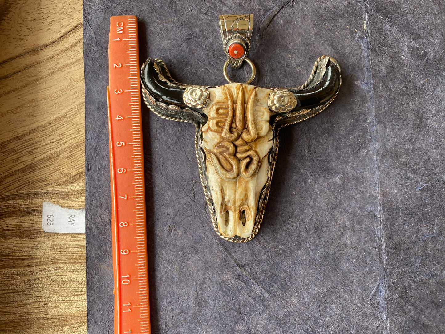 Large Bull Head with Om & Trident Tibetan Silver, Turquoise or Red Coral, Buffalo Bone, Ox Head Pendant, Universal Symbol, Longhorn Pendant