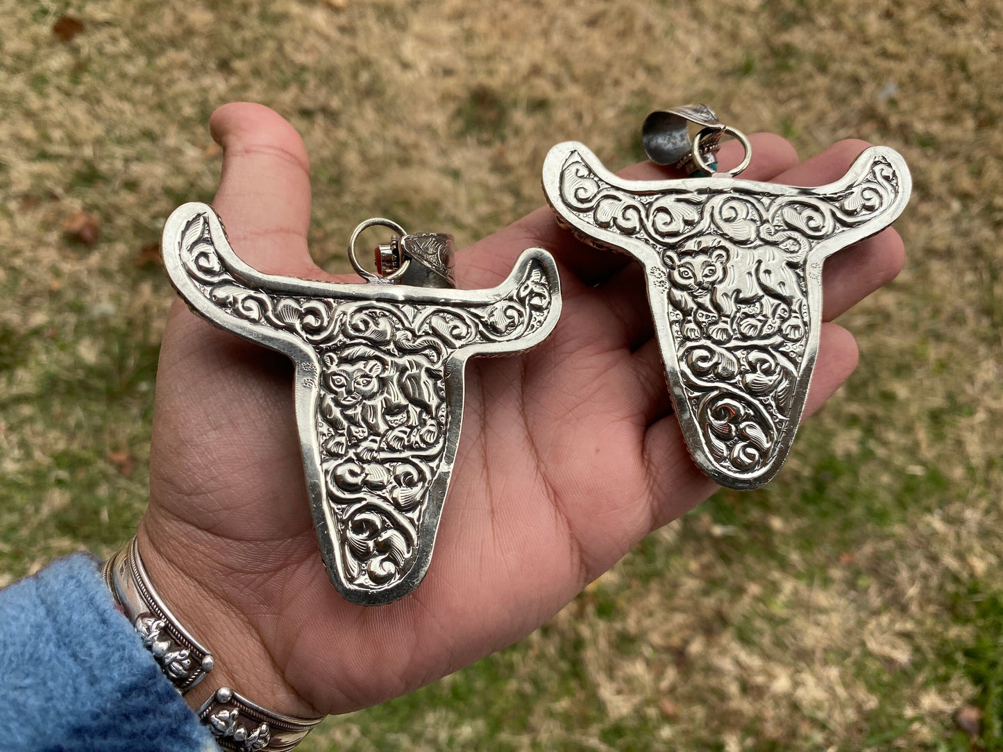 Large Bull Head with Om & Trident Tibetan Silver, Turquoise or Red Coral, Buffalo Bone, Ox Head Pendant, Universal Symbol, Longhorn Pendant