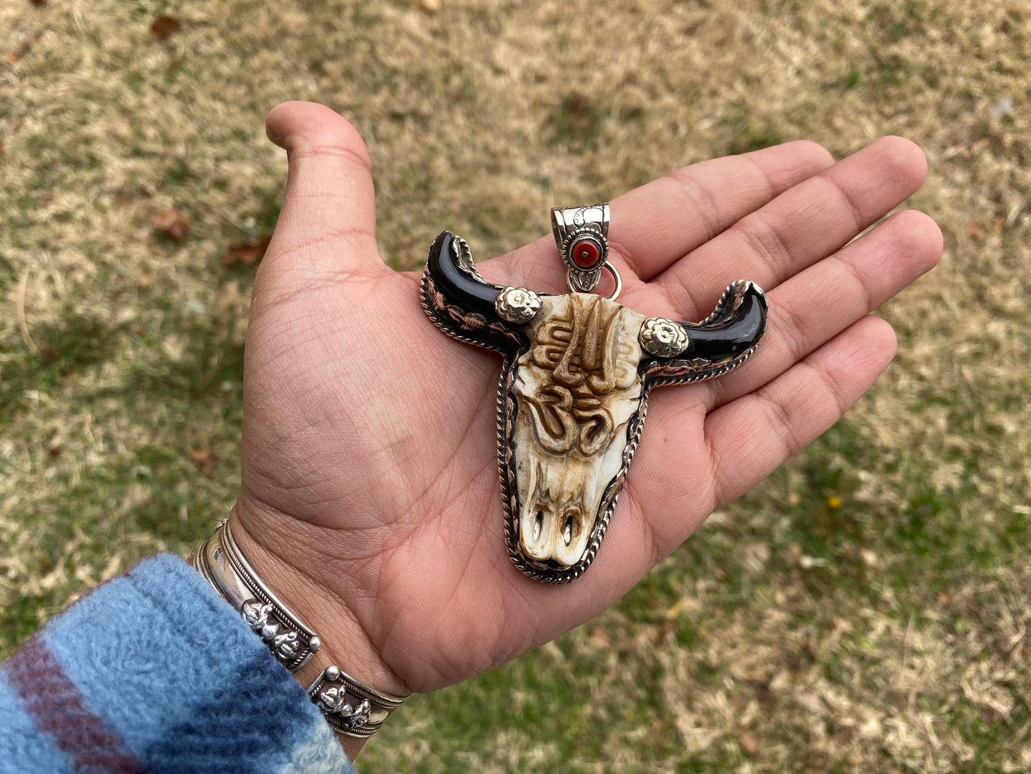 Large Bull Head with Om & Trident Tibetan Silver, Turquoise or Red Coral, Buffalo Bone, Ox Head Pendant, Universal Symbol, Longhorn Pendant
