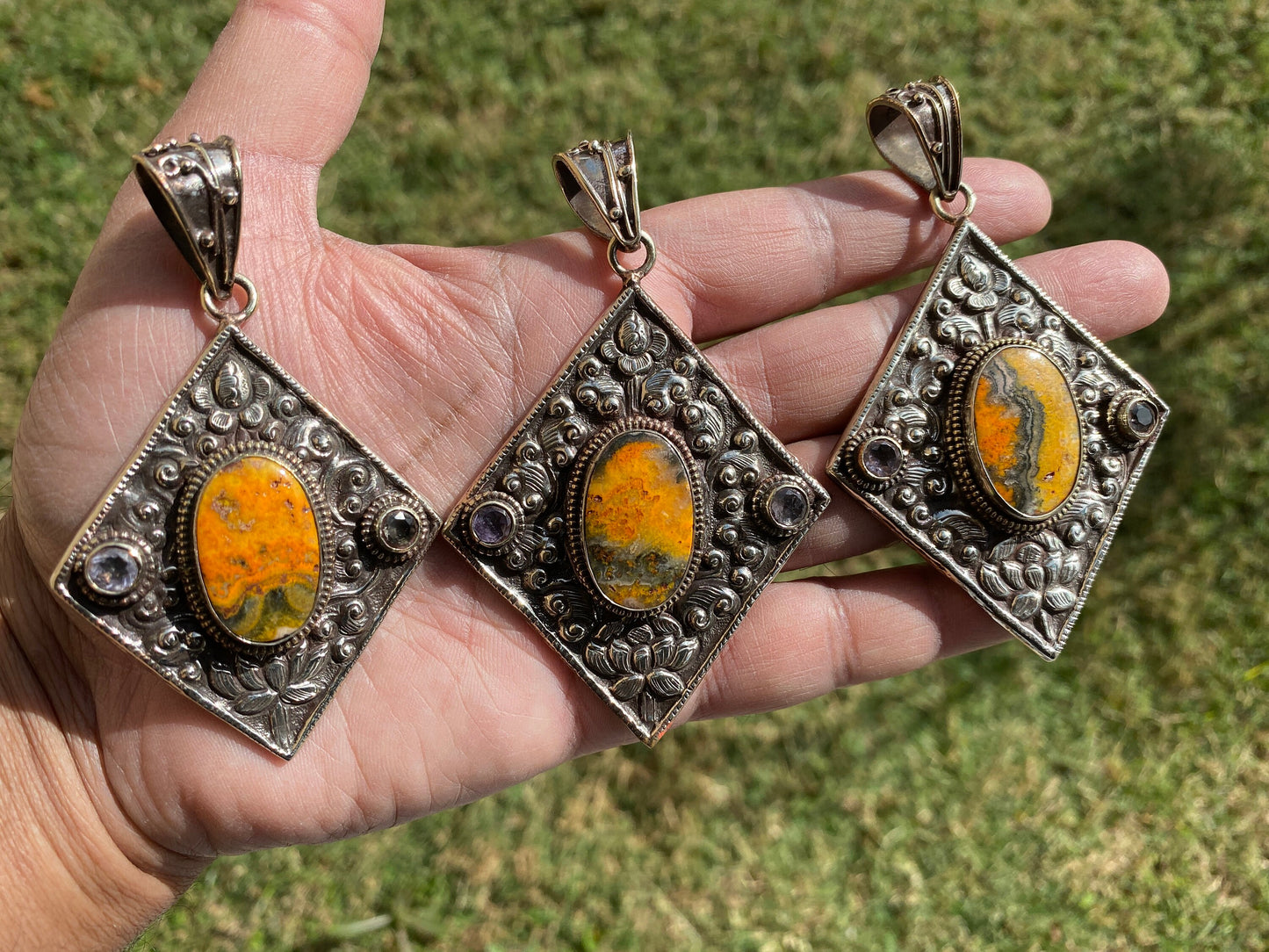 Large Bumblebee Jasper Tibetan Silver Pendant, Smoky Topaz Gemstone, Tibetan Pendant for Necklace, Ethnic Jewelry, Jewelry from Nepal, Boho