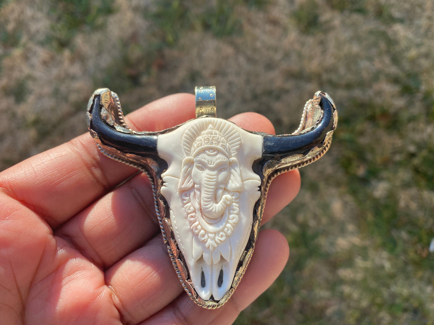 Large Carved Bone Longhorn Tibetan Silver Pendant, Water Buffalo Bone with Hand carved Ganesh, Hill Tribe Jewelry, Pendant for Men / Women