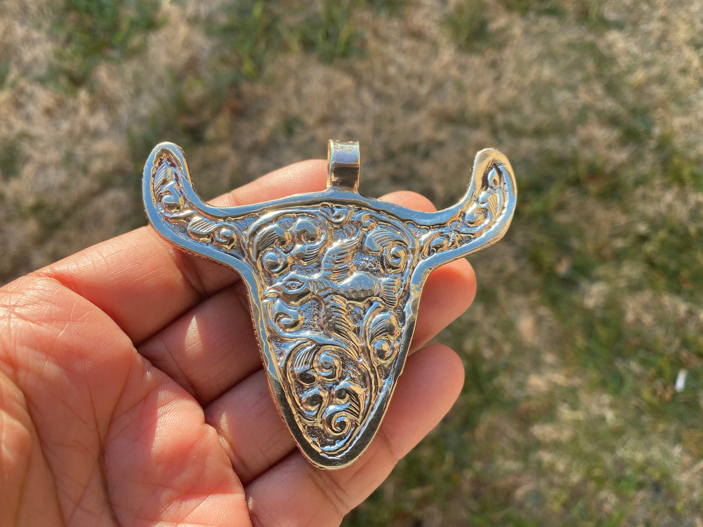 Large Carved Bone Longhorn Tibetan Silver Pendant, Water Buffalo Bone with Hand carved Ganesh, Hill Tribe Jewelry, Pendant for Men / Women