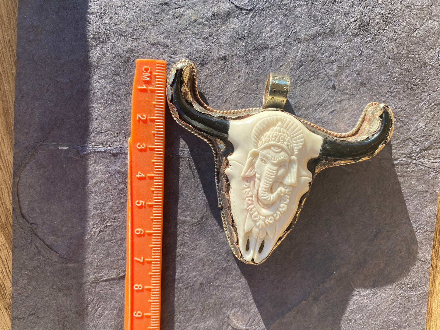 Large Carved Bone Longhorn Tibetan Silver Pendant, Water Buffalo Bone with Hand carved Ganesh, Hill Tribe Jewelry, Pendant for Men / Women