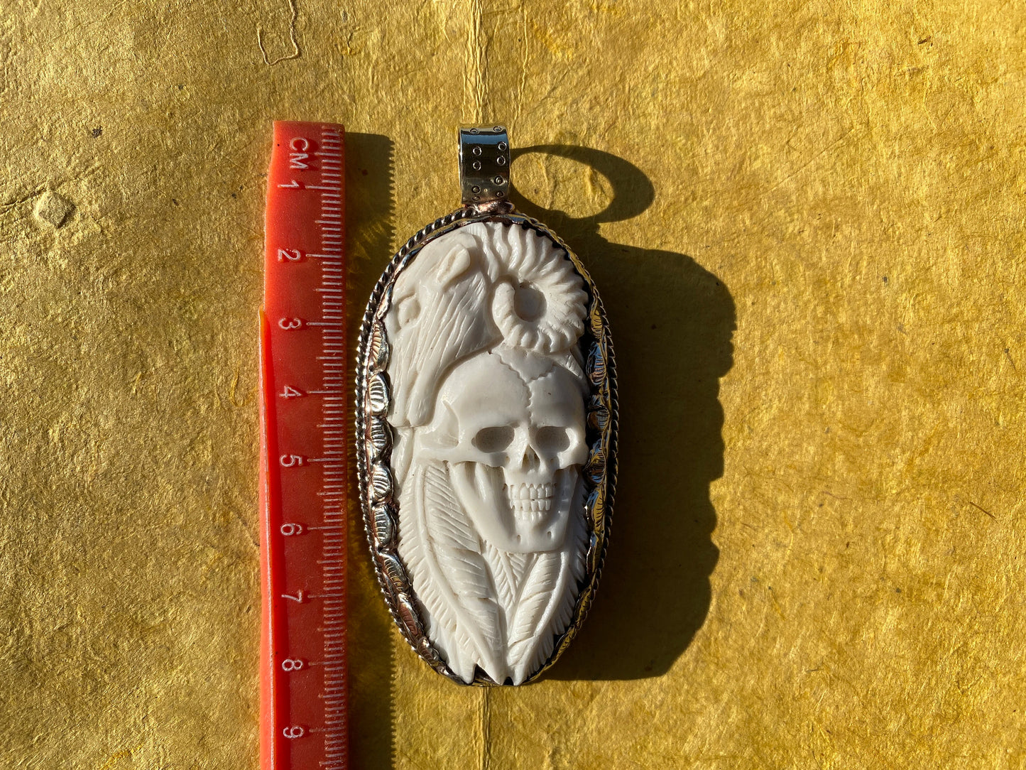 Large Carved Bone Skull with Sheep Tibetan Silver Pendant, Buffalo Bone, Large Skull Pendant, Jewelry for Men / Women, Sugar Skull, Skeleton