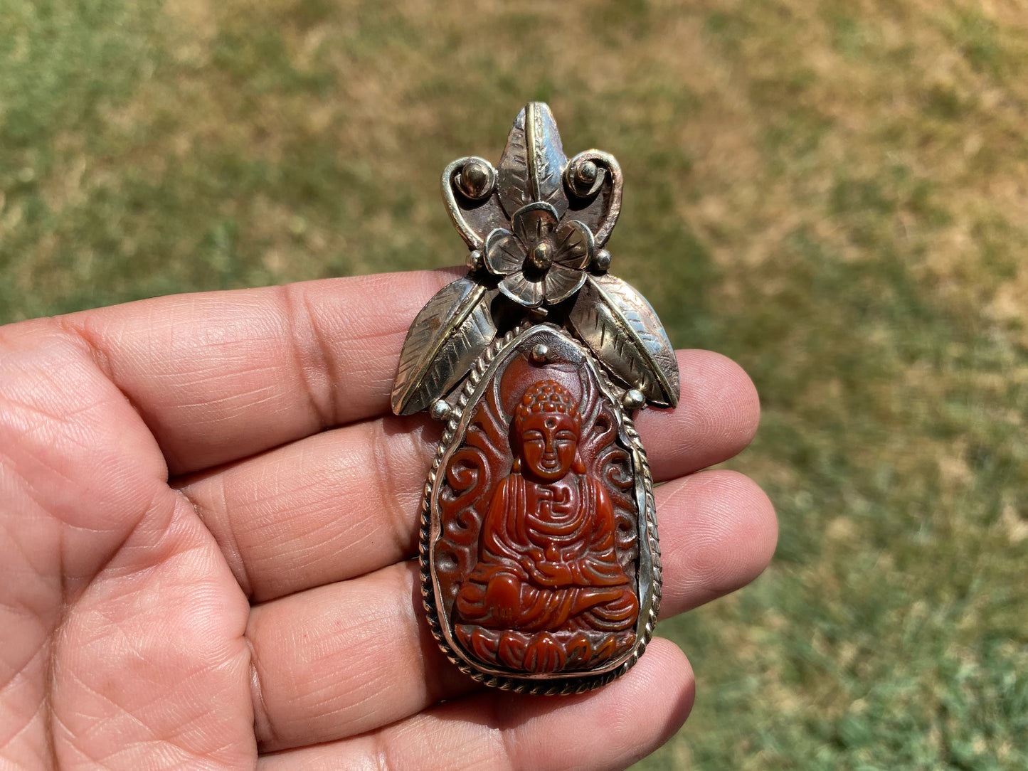 Large Carved Buddha Carnelian Natural Stone Tibetan Silver Pendant, Flower Designs, Unique Designs, Himalayan Jewelry, Jewelry for Women