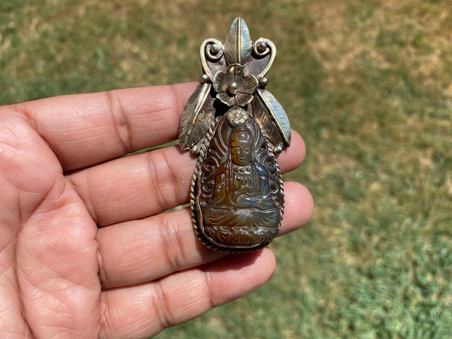 Large Carved Buddha Carnelian Natural Stone Tibetan Silver Pendant, Flower Designs, Unique Designs, Himalayan Jewelry, Ethnic Jewelry