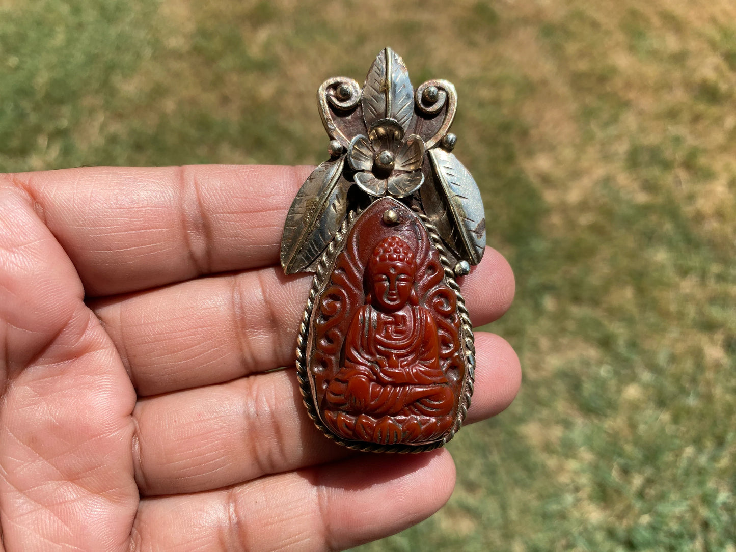 Large Carved Buddha Carnelian Natural Stone Tibetan Silver Pendant, Flower Designs, Unique Designs, Himalayan Jewelry, Jewelry for Women