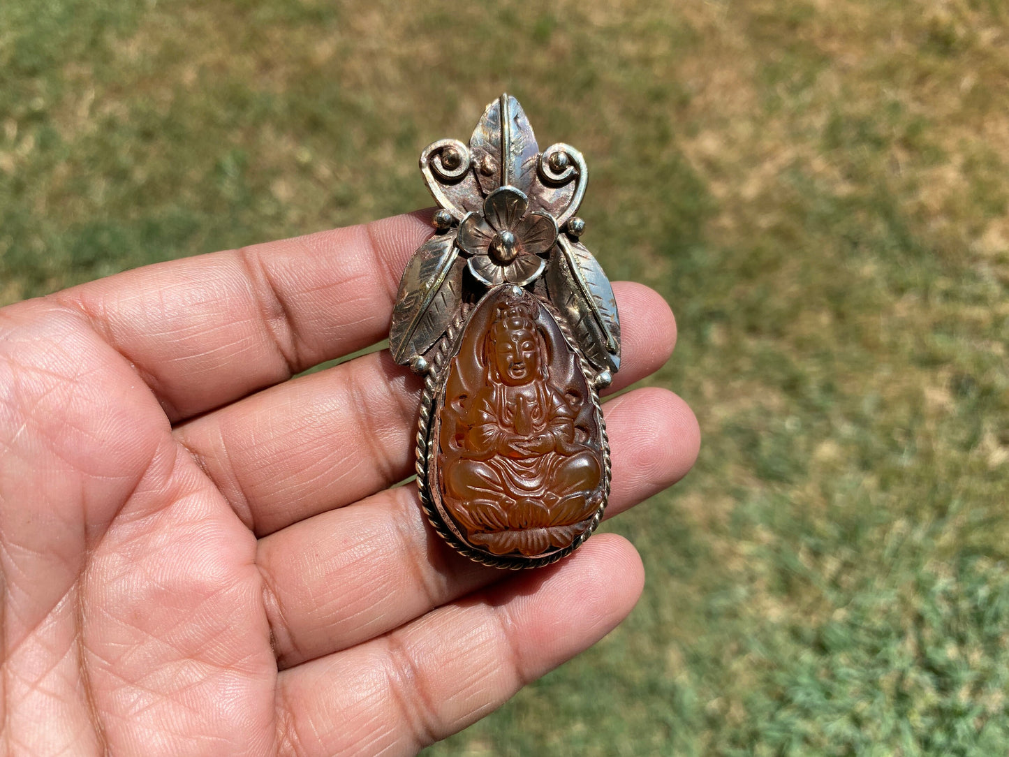 Large Carved Buddha Carnelian Natural Stone Tibetan Silver Pendant, Flower Designs, Unique Designs, Himalayan Jewelry, Ethnic Jewelry