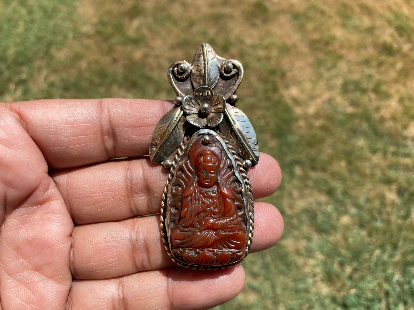 Large Carved Buddha Carnelian Natural Stone Tibetan Silver Pendant, Flower Designs, Unique Designs, Himalayan Jewelry, Jewelry for Women