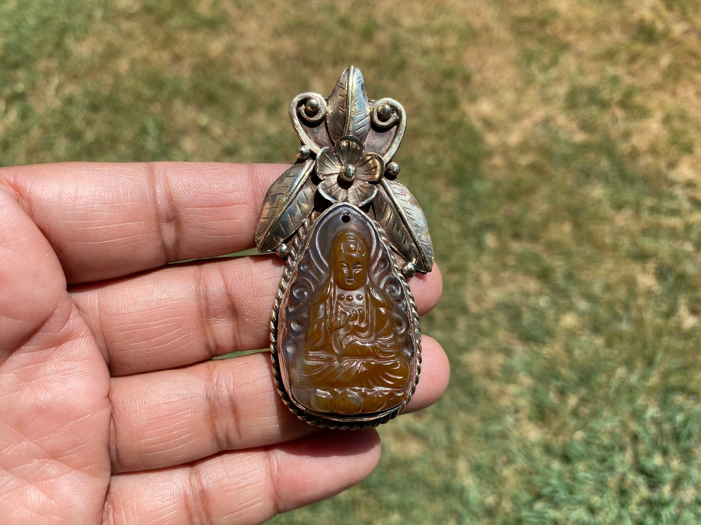 Large Carved Buddha Carnelian Natural Stone Tibetan Silver Pendant, Flower Designs, Unique Designs, Himalayan Jewelry, Ethnic Jewelry