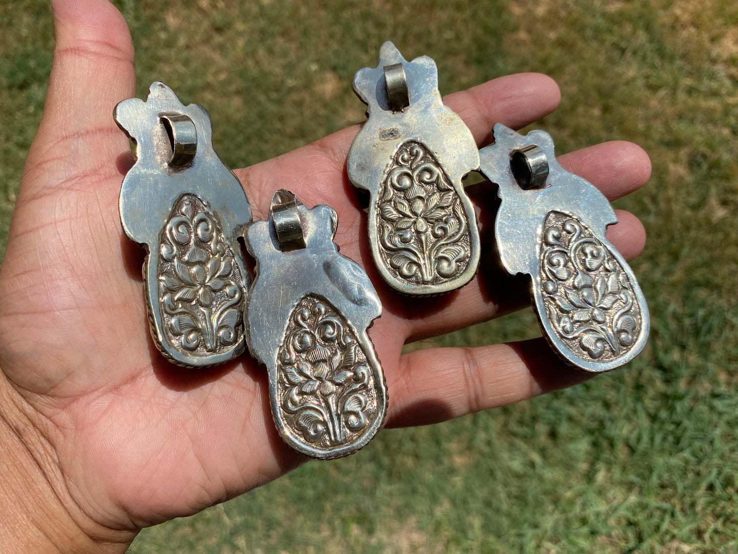 Large Carved Buddha Carnelian Natural Stone Tibetan Silver Pendant, Flower Designs, Unique Designs, Himalayan Jewelry, Ethnic Jewelry