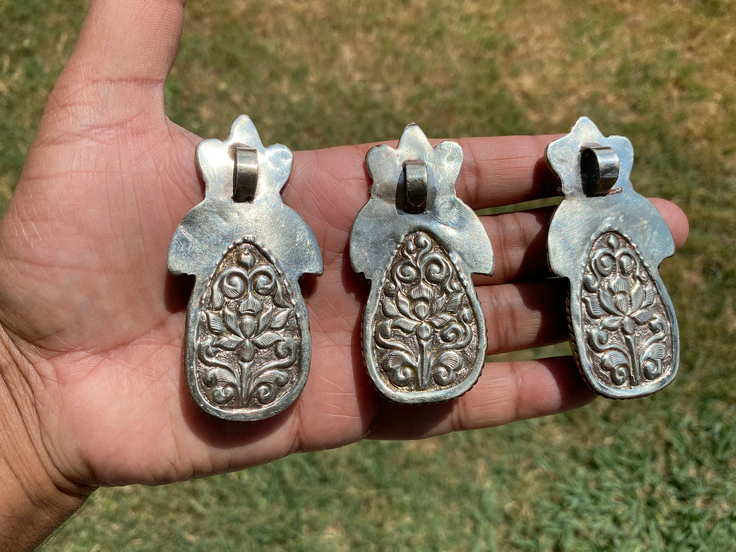 Large Carved Buddha Carnelian Natural Stone Tibetan Silver Pendant, Flower Designs, Unique Designs, Himalayan Jewelry, Jewelry for Women