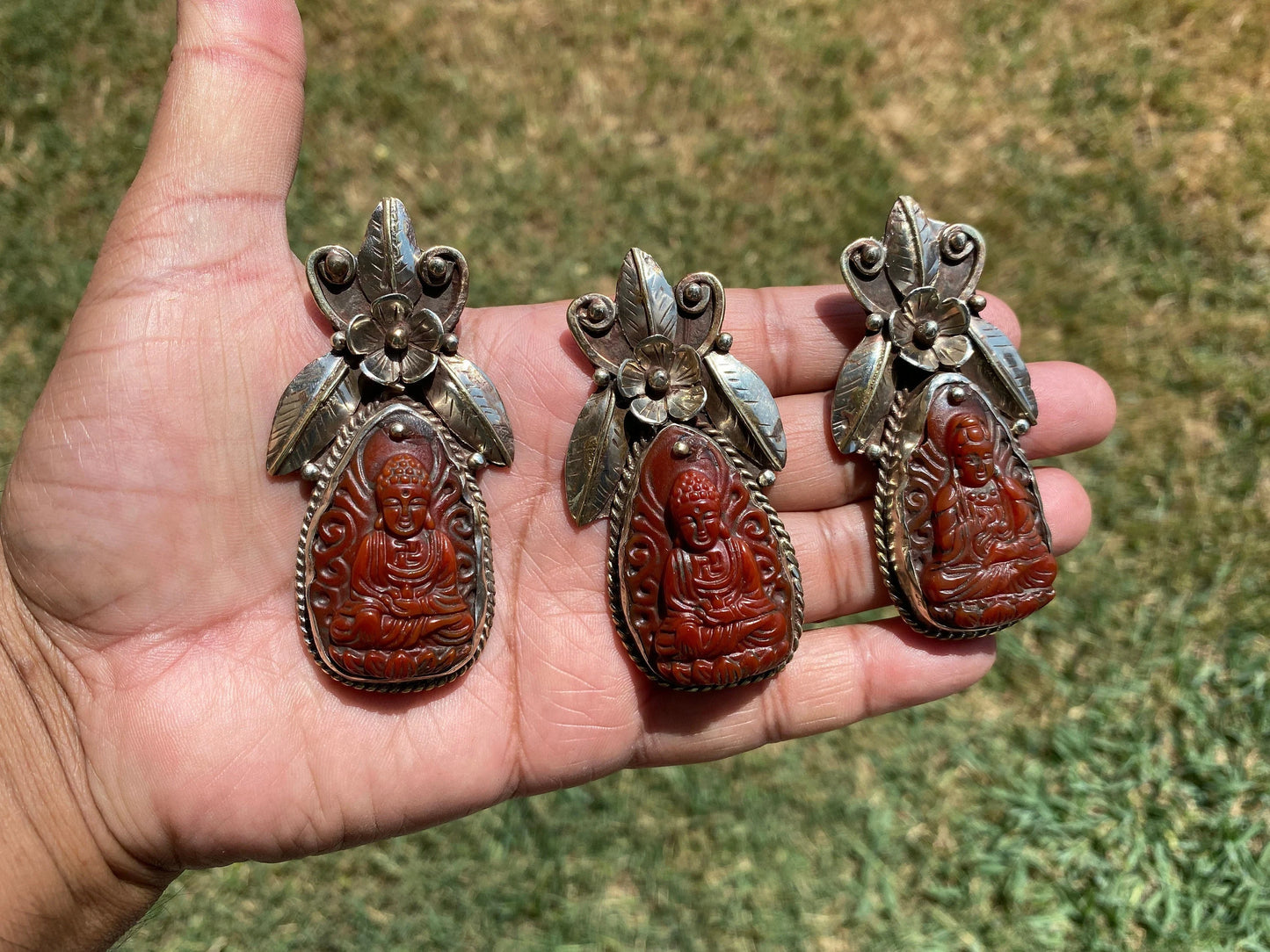 Large Carved Buddha Carnelian Natural Stone Tibetan Silver Pendant, Flower Designs, Unique Designs, Himalayan Jewelry, Jewelry for Women