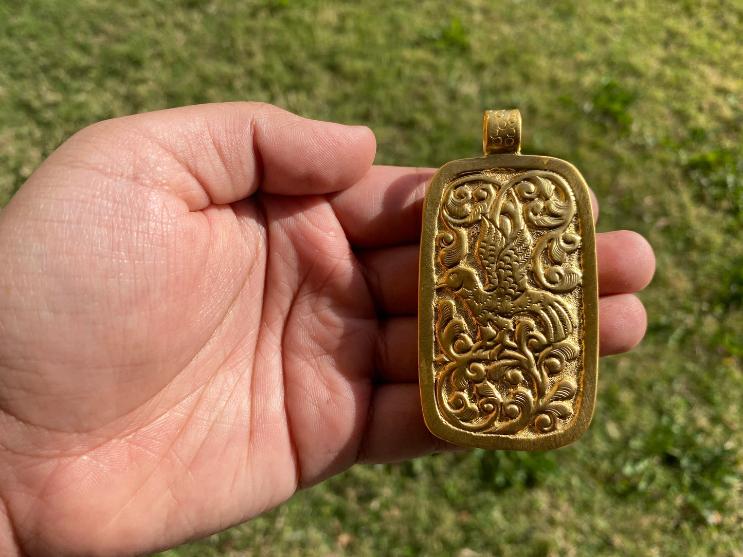 Large Carved Ganesh Buffalo Bone Pendant, 18K Brushed Gold Overlay Non Tarnish, Ethnic Jewelry, Spiritual Pendant for Men or Women,