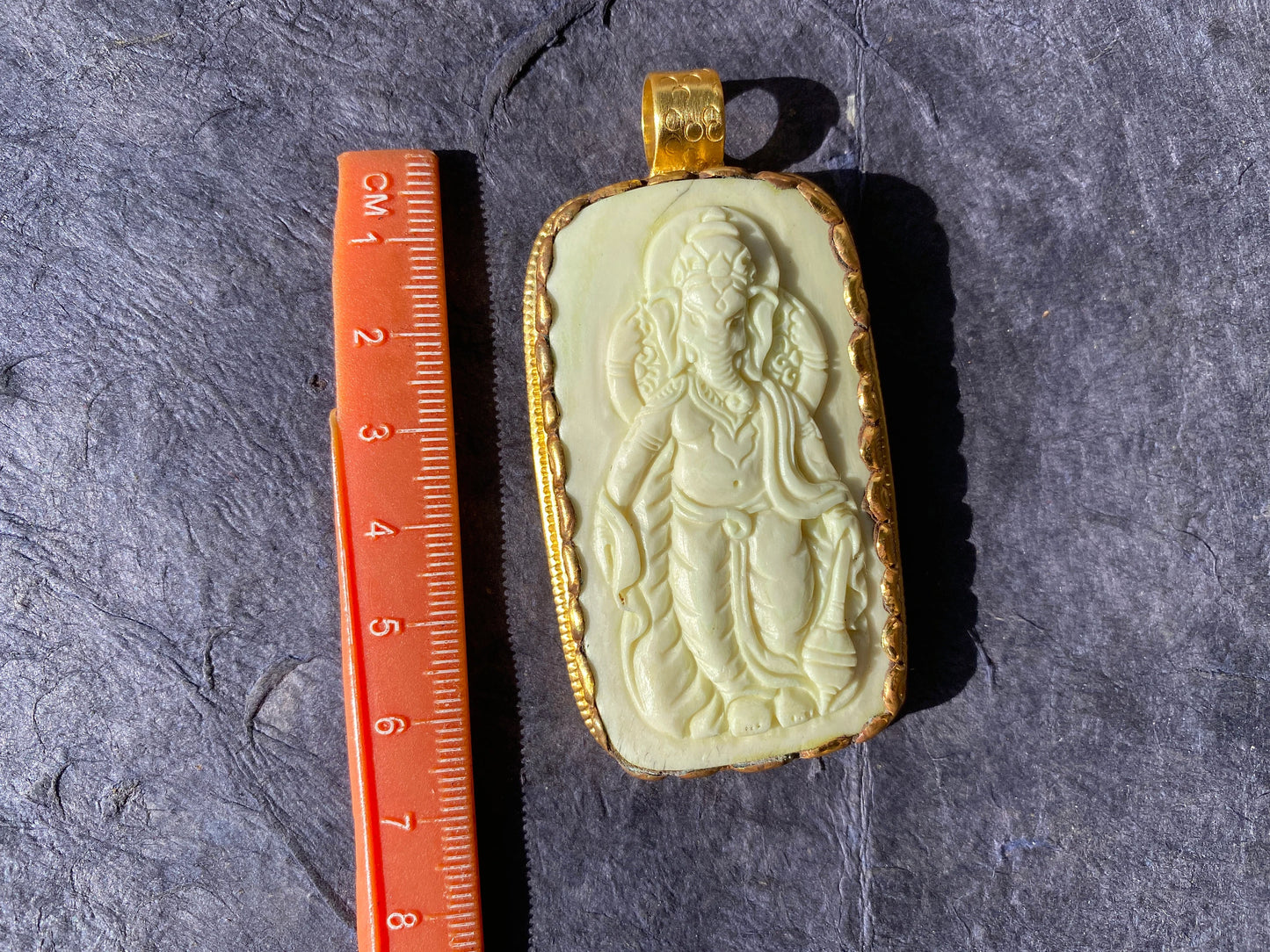 Large Carved Ganesh Buffalo Bone Pendant, 18K Brushed Gold Overlay Non Tarnish, Ethnic Jewelry, Spiritual Pendant for Men or Women,