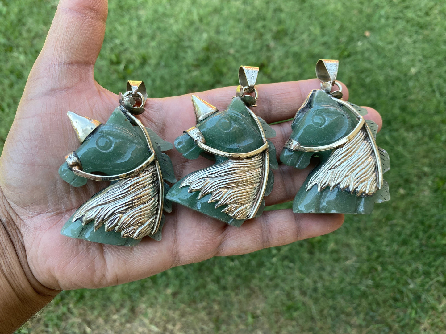 Large Carved Green Aventurine Horse Head Tibetan Silver Pendant, Horse Jewelry, Animal Lovers Jewelry, Metaphysical Stone Pendant, Unicorn