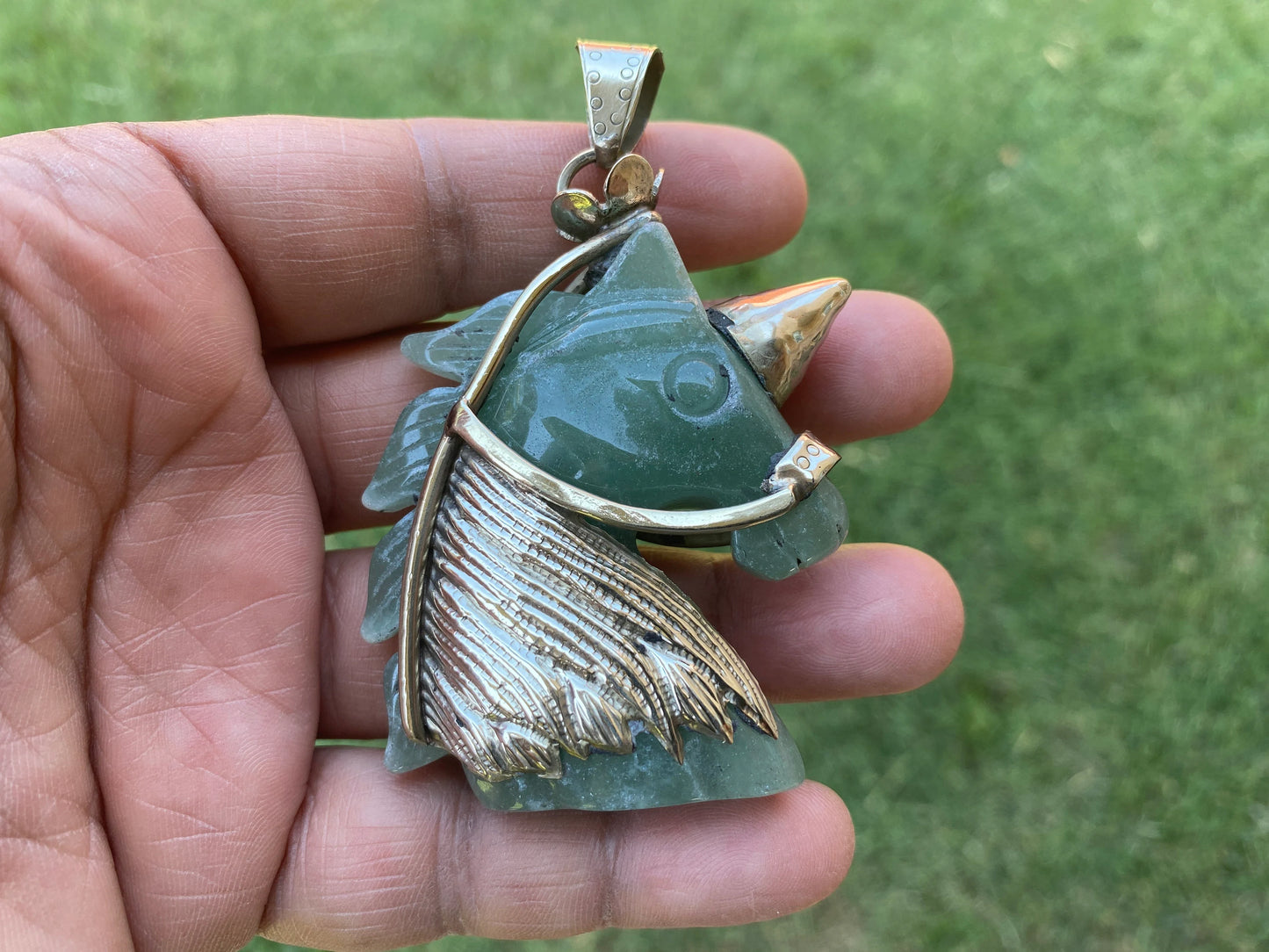 Large Carved Green Aventurine Horse Head Tibetan Silver Pendant, Horse Jewelry, Animal Lovers Jewelry, Metaphysical Stone Pendant, Unicorn