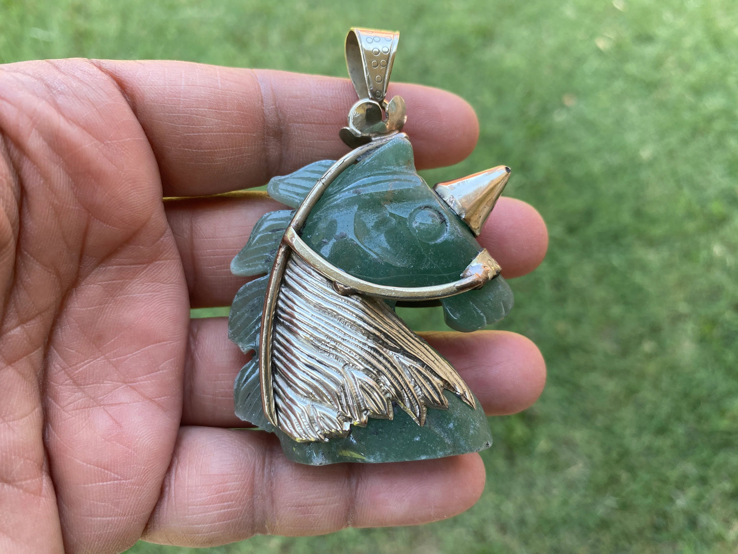 Large Carved Green Aventurine Horse Head Tibetan Silver Pendant, Horse Jewelry, Animal Lovers Jewelry, Metaphysical Stone Pendant, Unicorn