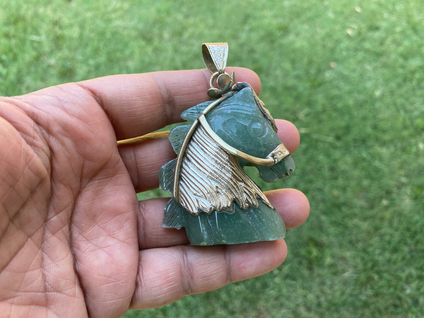 Large Carved Green Aventurine Horse Head Tibetan Silver Pendant, Horse Jewelry, Animal Lovers Jewelry, Metaphysical Stone Pendant, Unicorn