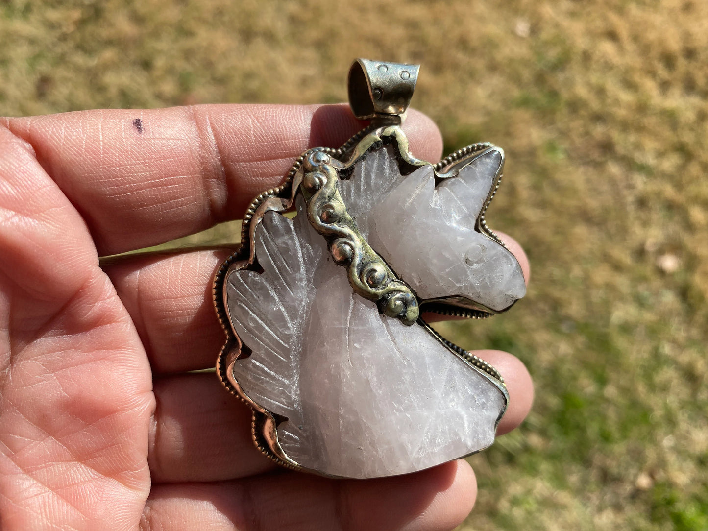 Large Carved Rose Quartz Horse Head Tibetan Silver Pendant, Horse Jewelry, Animal Lovers Jewelry, Metaphysical Stone Pendant, Unicorn, Boho