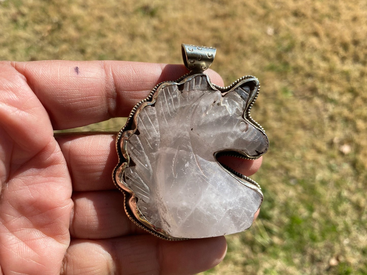 Large Carved Rose Quartz Horse Head Tibetan Silver Pendant, Horse Jewelry, Animal Lovers Jewelry, Metaphysical Stone Pendant, Unicorn, Boho