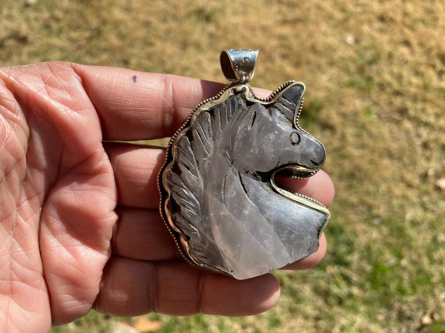 Large Carved Rose Quartz Horse Head Tibetan Silver Pendant, Horse Jewelry, Animal Lovers Jewelry, Metaphysical Stone Pendant, Unicorn, Boho